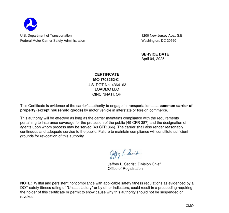 FMCSA certificate of authority, MC-1708262-C, LoadMo LLC