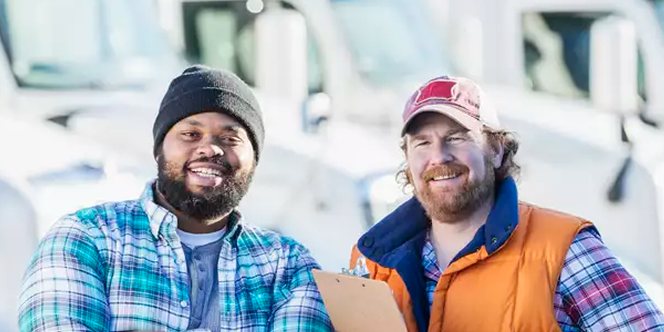 Two owner-operators reviewing a clipboard beside their trucks
